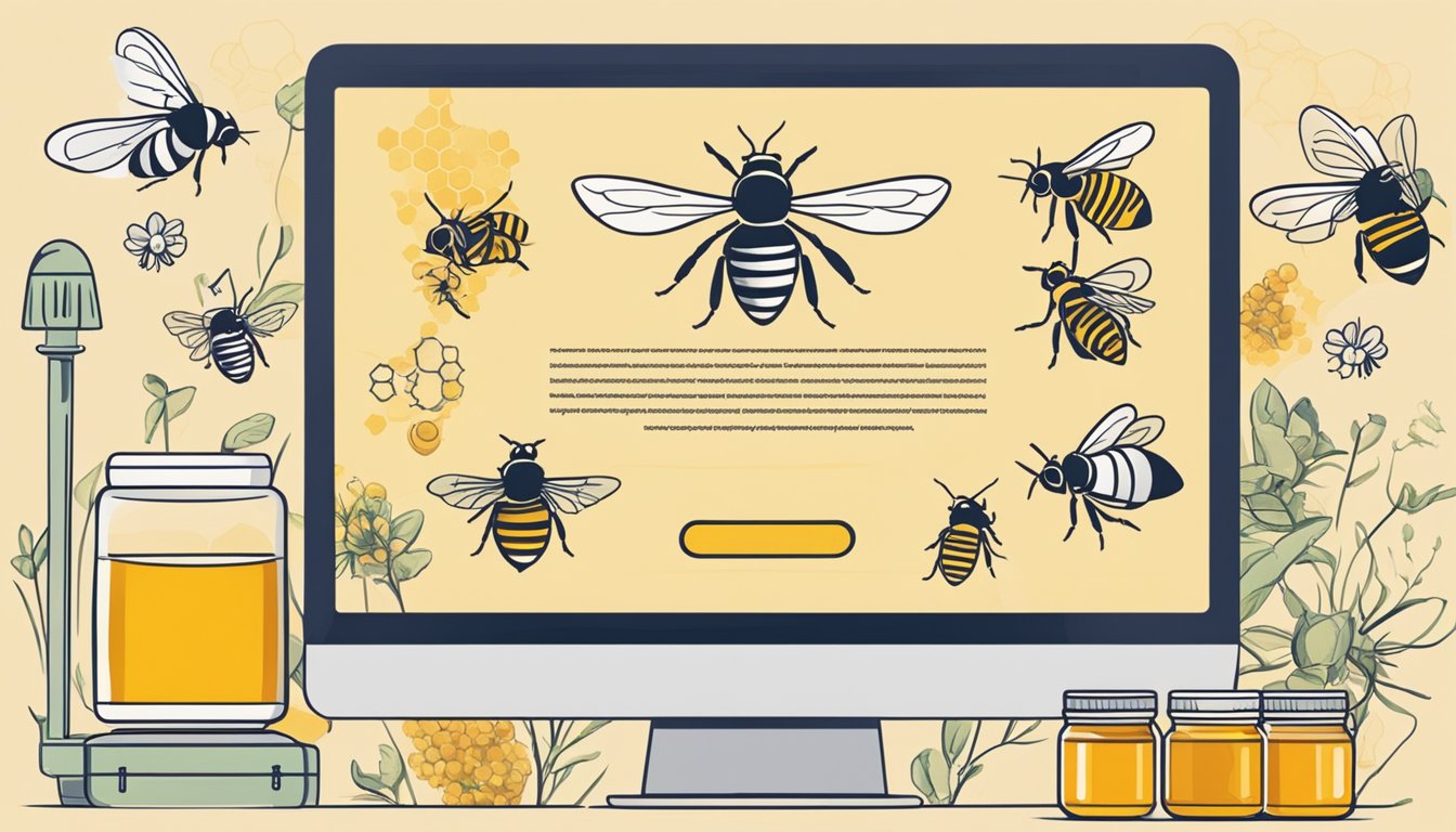 A computer screen displays a website with various options to buy organic honey online. A jar of honey and bees are depicted in the background