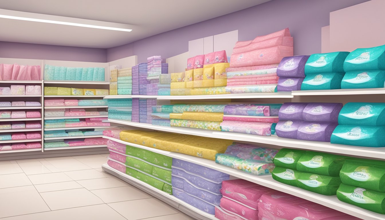 A variety of sanitary pad brands displayed on a shelf in a store