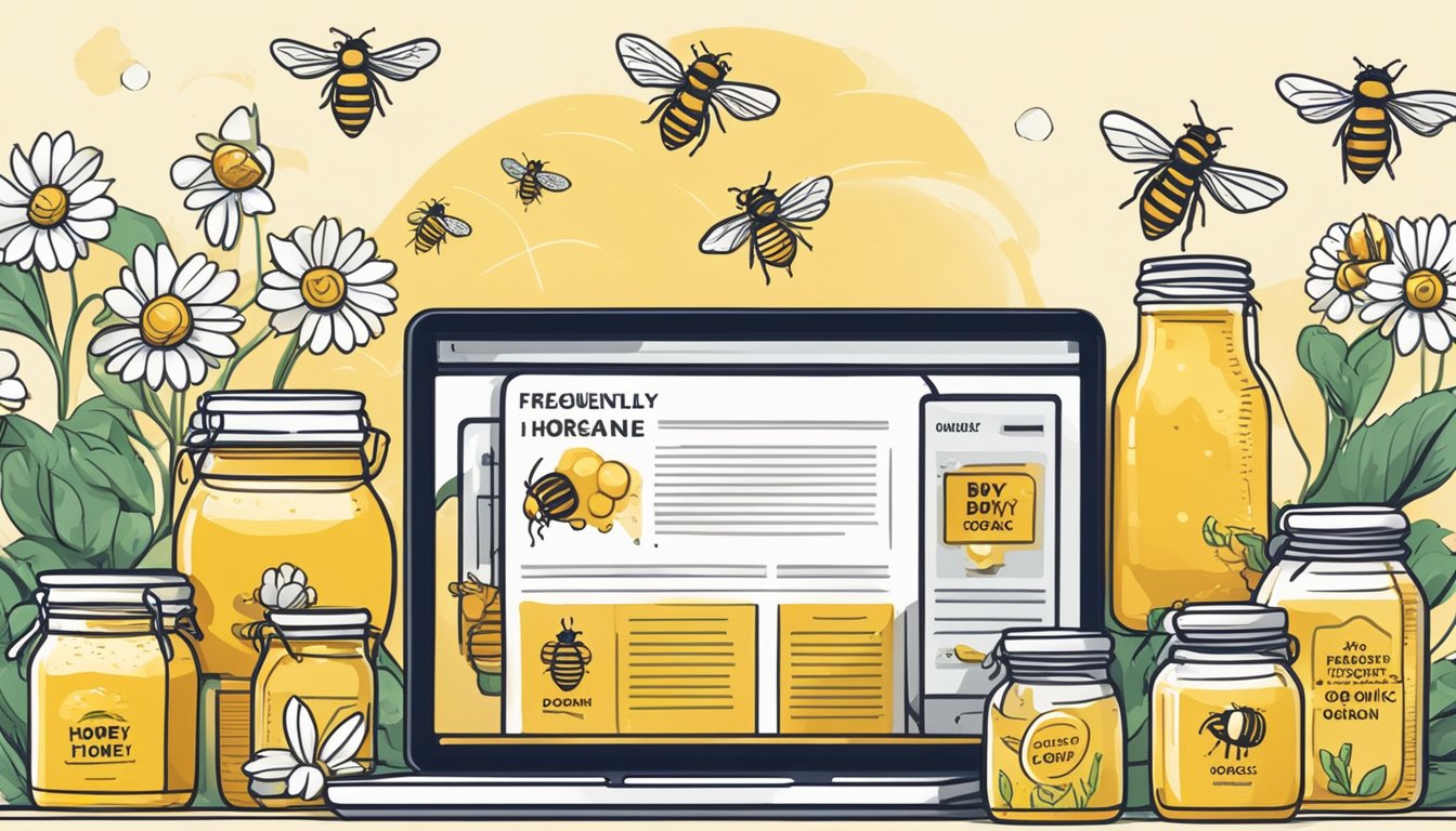 A computer screen displaying a webpage with the title "Frequently Asked Questions buy organic honey online" surrounded by jars of honey and bees buzzing around