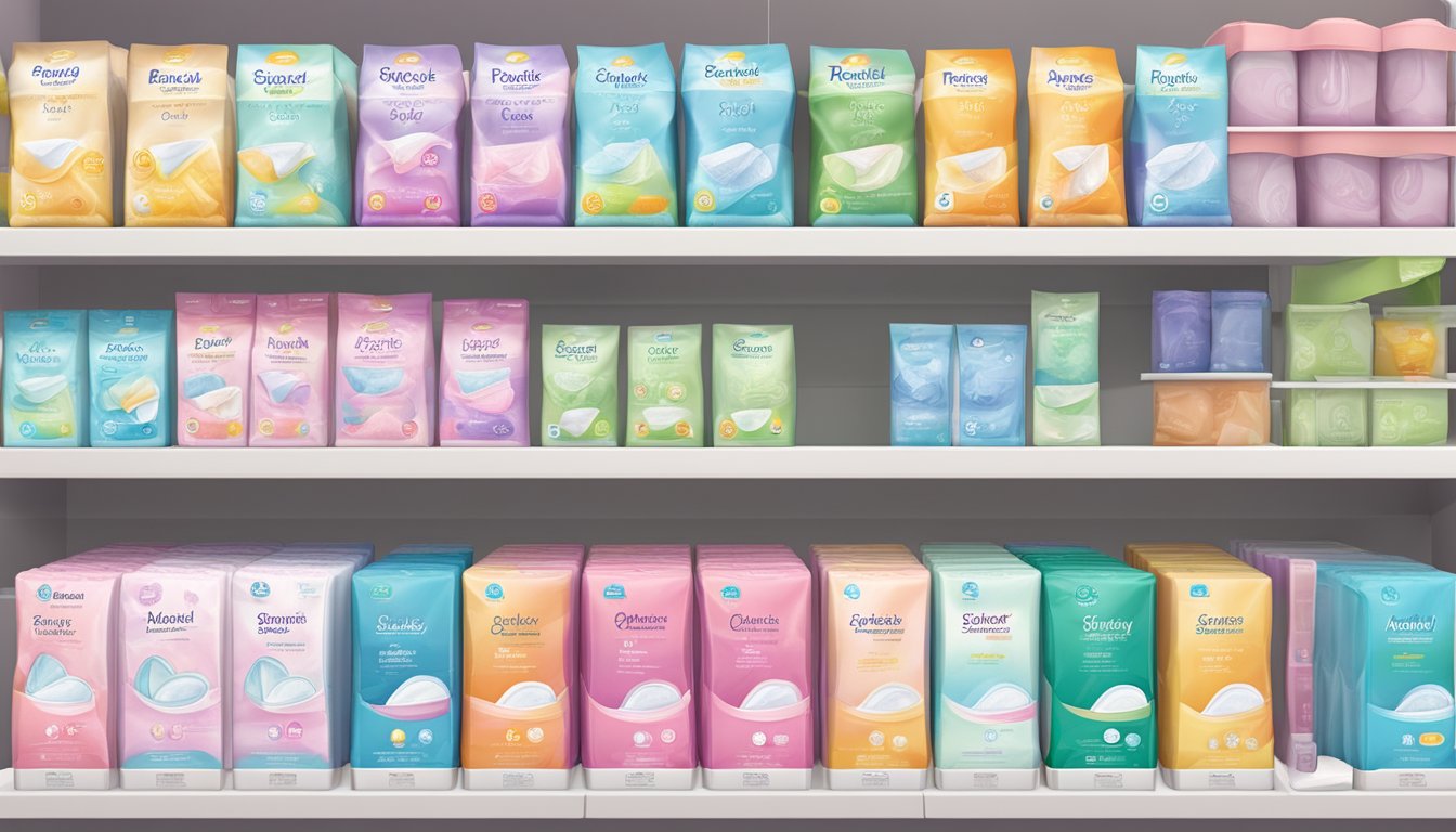 A variety of sanitary pad brands displayed on a store shelf, with packaging showing different absorbency levels and features