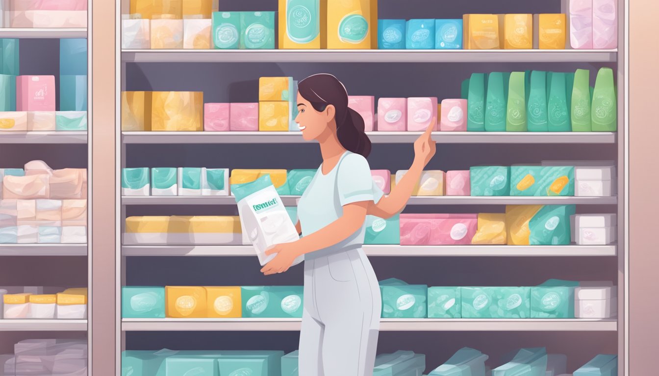 A hand reaches for a package of Selecting the Right Pad sanitary pads among various brands on a store shelf
