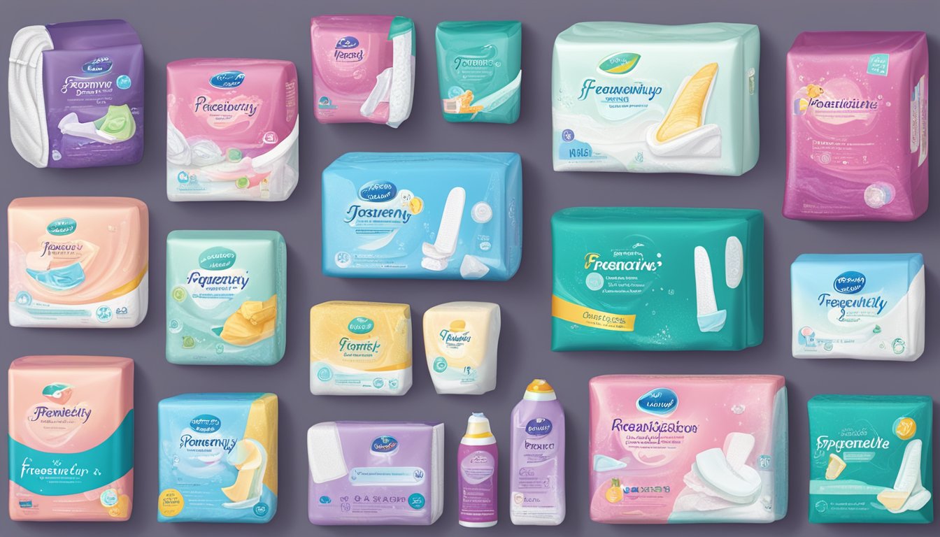A display of various sanitary pad brands with "Frequently Asked Questions" prominently featured