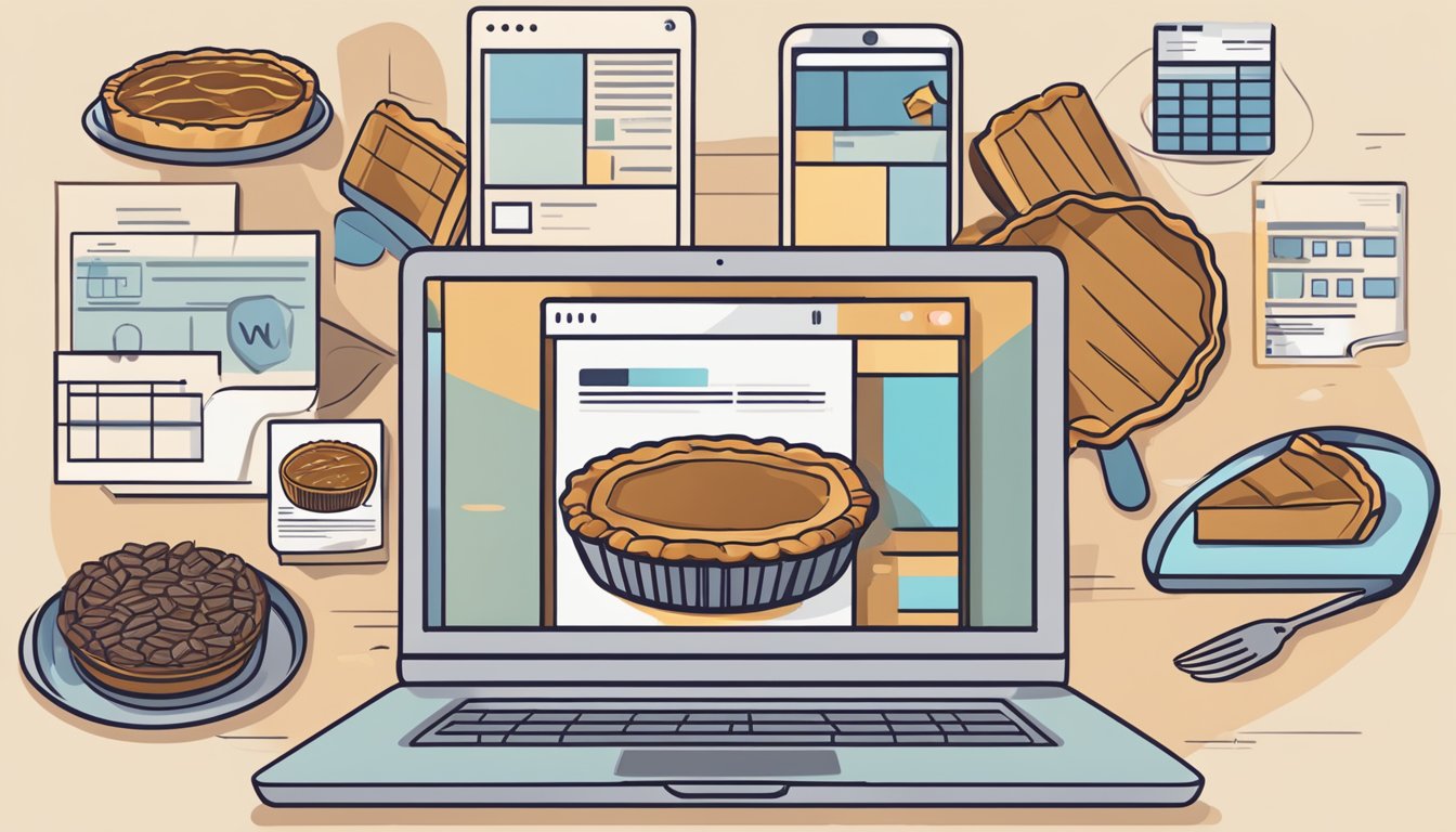 A laptop displaying a website with a pecan pie in a shopping cart, surrounded by images of different pie options