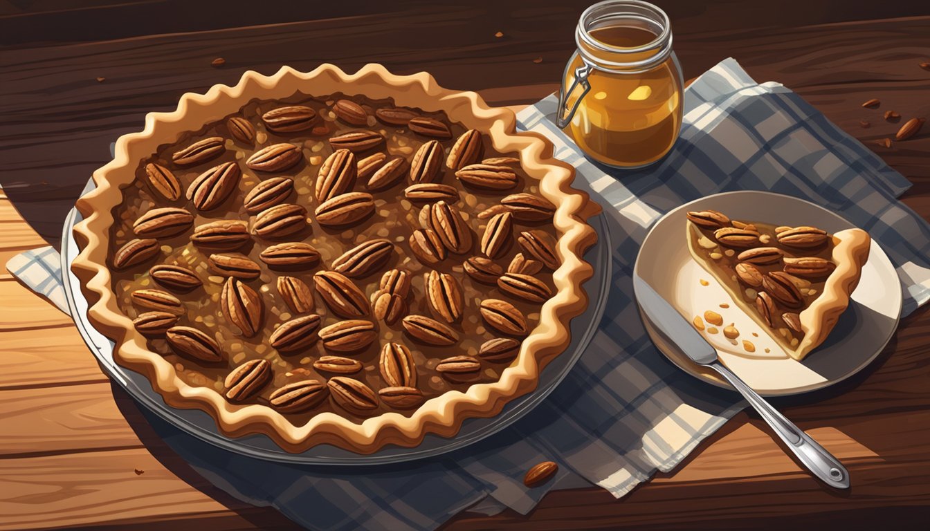 A perfect pecan pie sits on a rustic wooden table, surrounded by scattered pecans and a vintage pie cutter. Sunlight streams in through a nearby window, casting a warm glow over the scene
