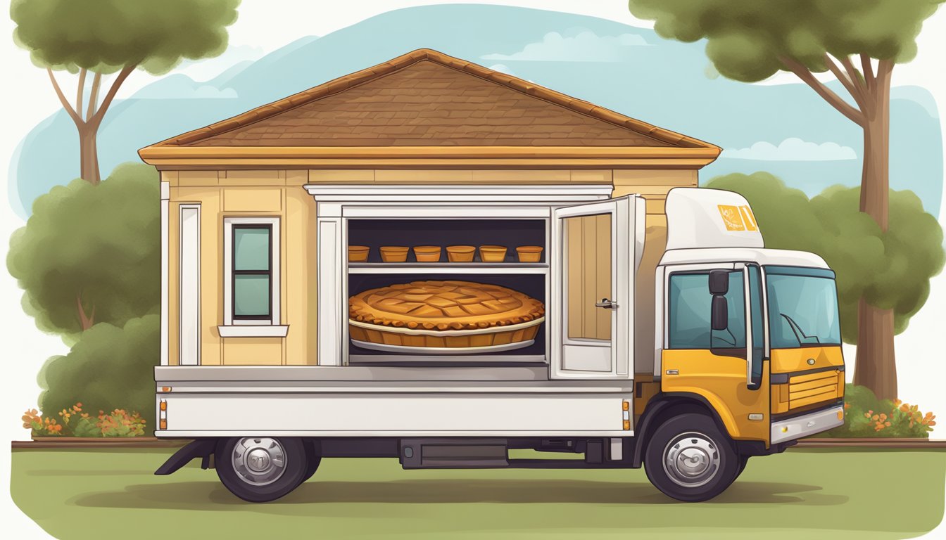 A laptop displaying a pecan pie website. A delivery truck outside a house
