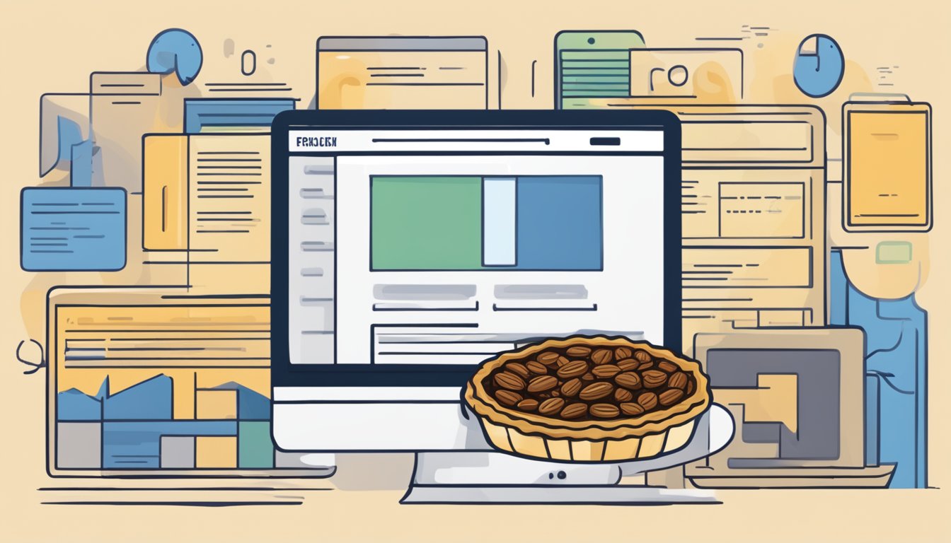 A computer screen showing a website with the title "Frequently Asked Questions" and a selection of pecan pie images available for purchase