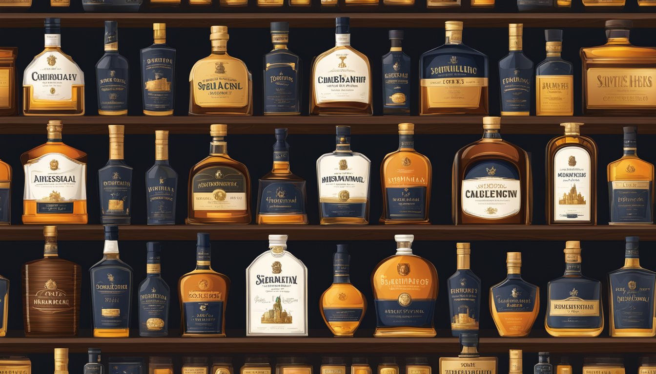 Bottles of scotch whisky lined up on a dark wood shelf, with elegant branding and labels