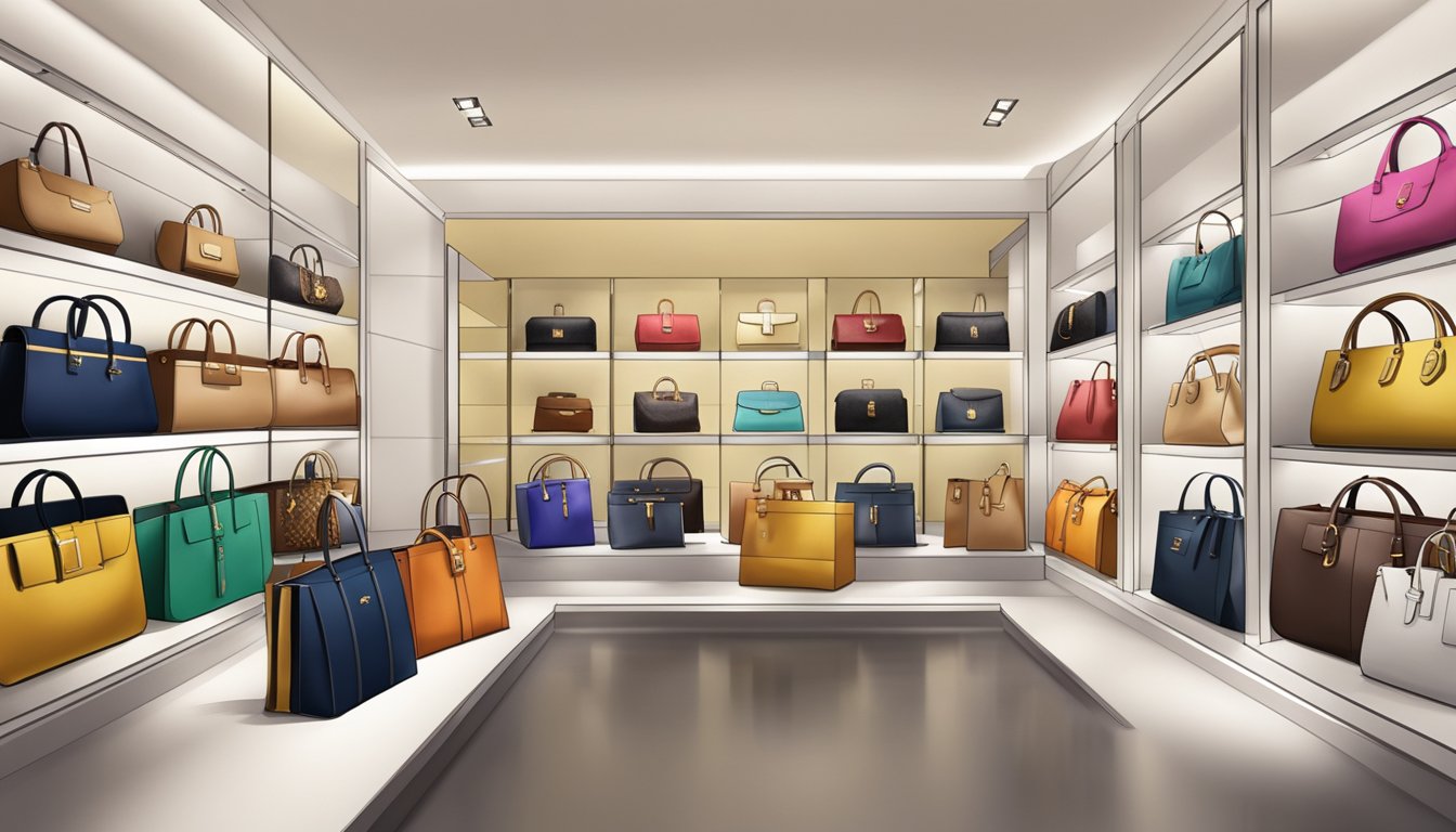 A display of luxury branded bags in a Malaysian boutique, showcasing various styles and designs