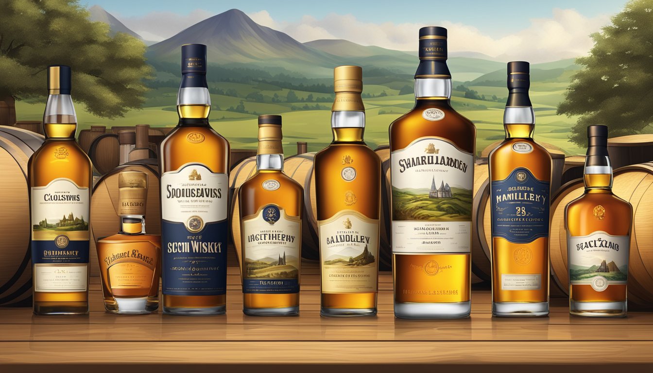 A collection of Scotch whisky bottles from various regions, each labeled with distinct branding and packaging, set against a backdrop of oak barrels and a distillery landscape