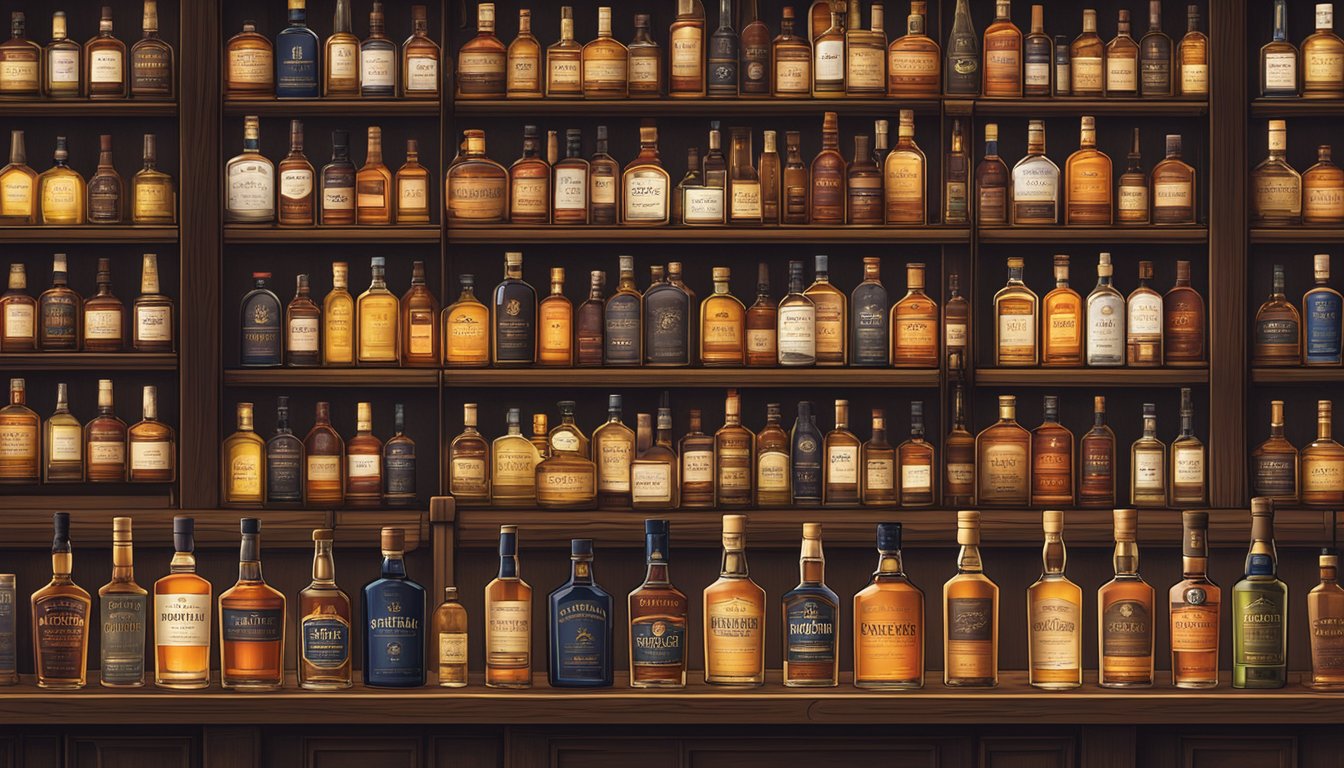 A variety of scotch whisky bottles arranged on a wooden shelf with a sign reading "Frequently Asked Questions scotch whisky brands" in a dimly lit, cozy whisky bar