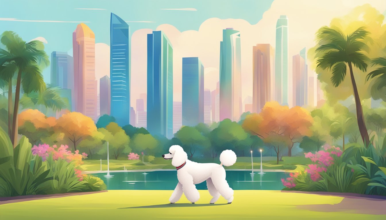 A poodle walks through a lush Singapore park, with colorful buildings in the background and a warm, tropical atmosphere