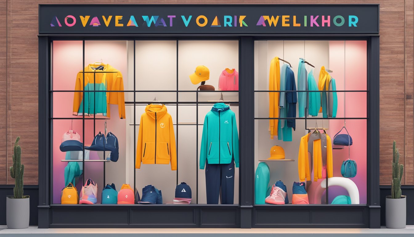 A vibrant activewear brand logo displayed on a sleek storefront window, with bold, modern typography and eye-catching color scheme