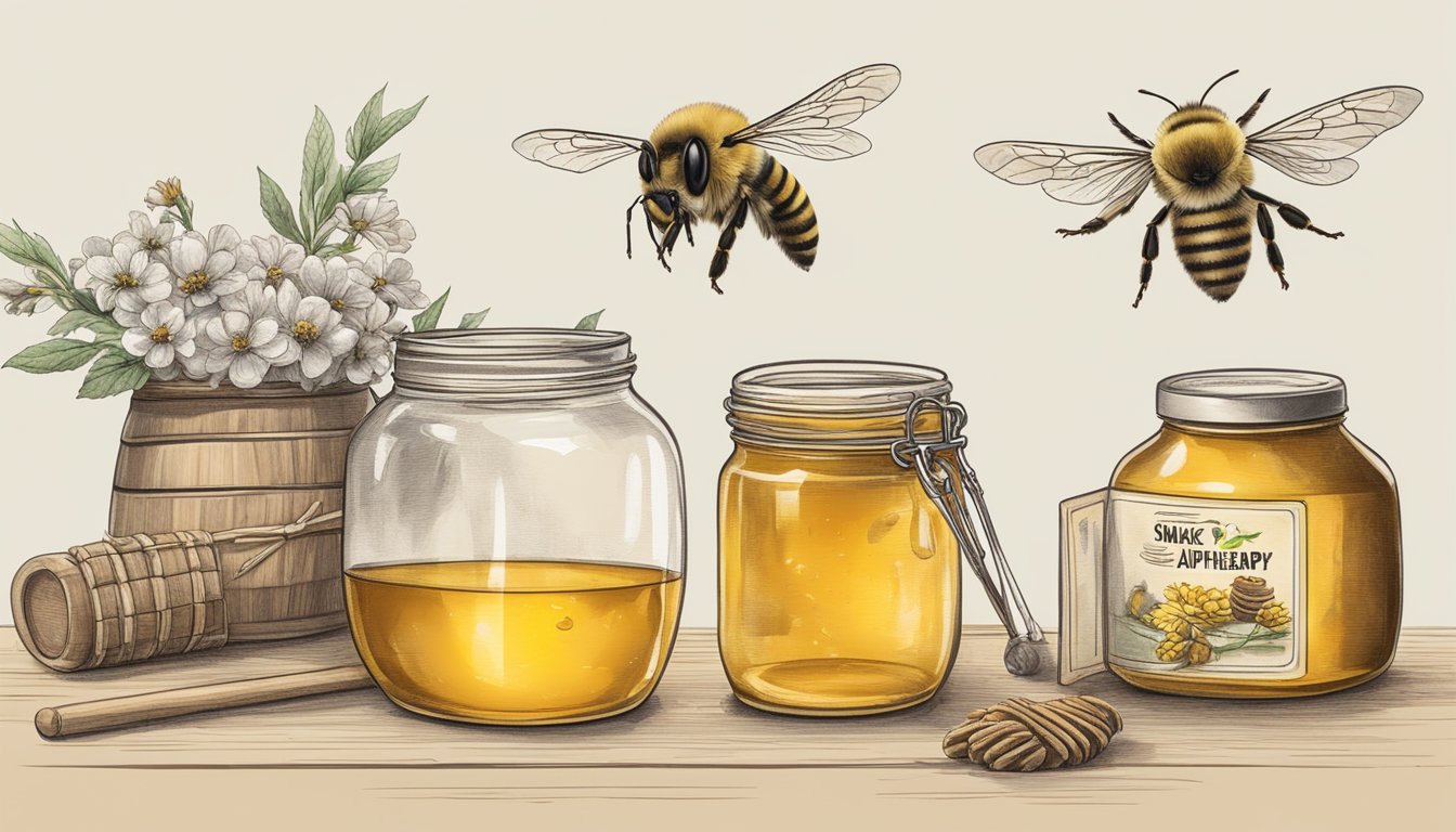 A honey bee hovers over a jar of Shake Hand brand honey, surrounded by apitherapy equipment