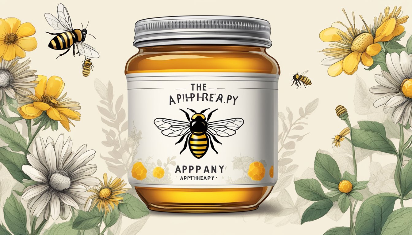 A jar of honey labeled "The Benefits of Apitherapy" sits next to a buzzing honey bee and a brand logo