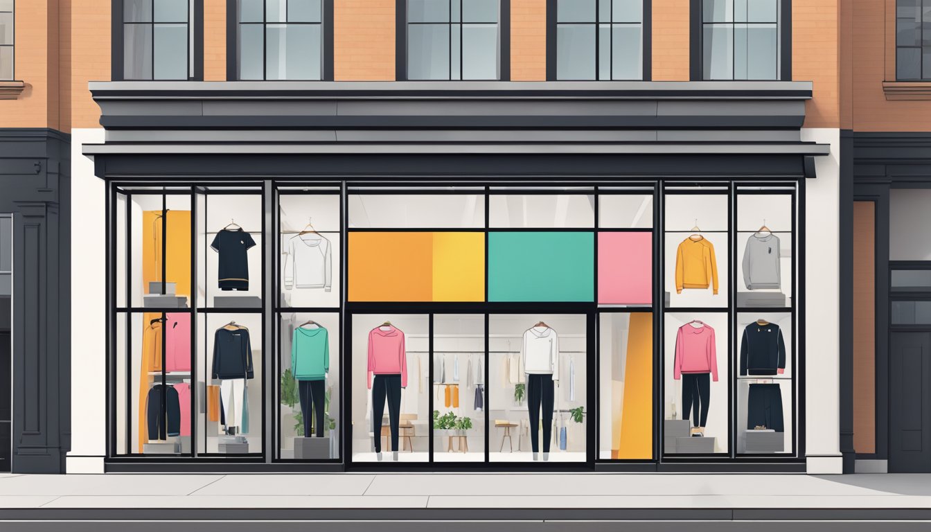 A minimalist, modern storefront with bold, clean signage and sleek activewear displayed in the windows