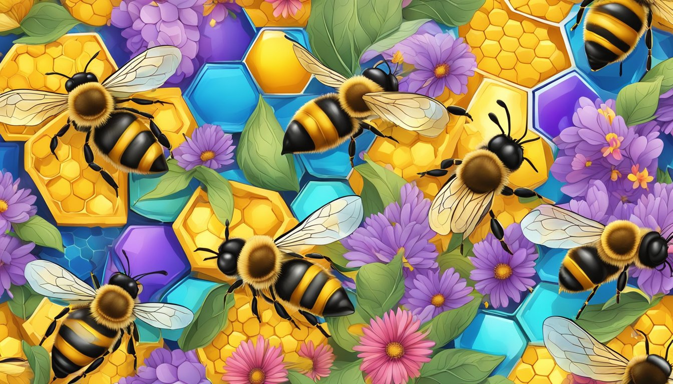 A busy beehive with honeycombs dripping with golden honey, surrounded by buzzing bees collecting nectar from colorful flowers