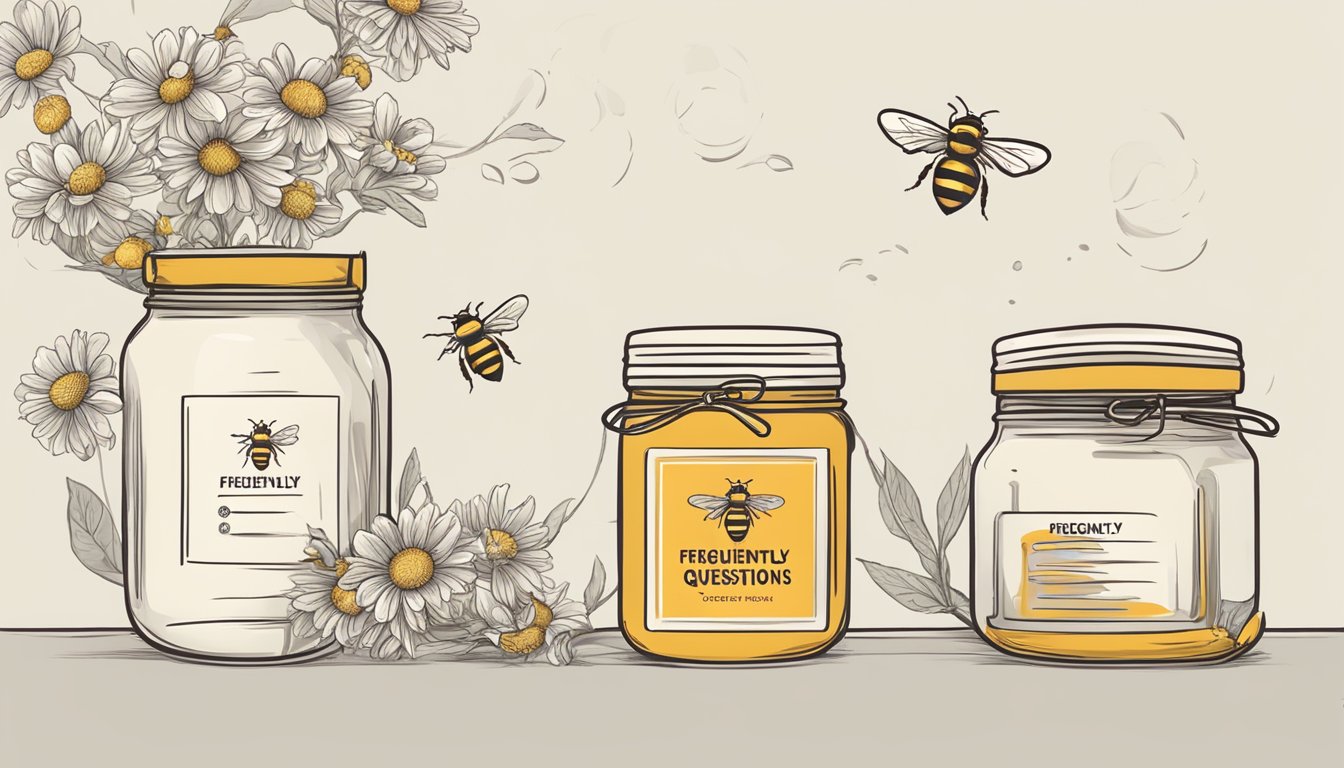 A honey bee hovers over a jar labeled "Frequently Asked Questions" while another bee buzzes nearby. The brand logo is prominent, and the concept of apitherapy is conveyed through the imagery