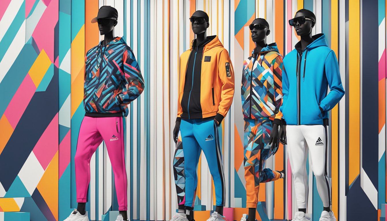 A vibrant, urban setting with modern activewear displayed on sleek mannequins. Bold logos and dynamic patterns pop against a minimalist backdrop