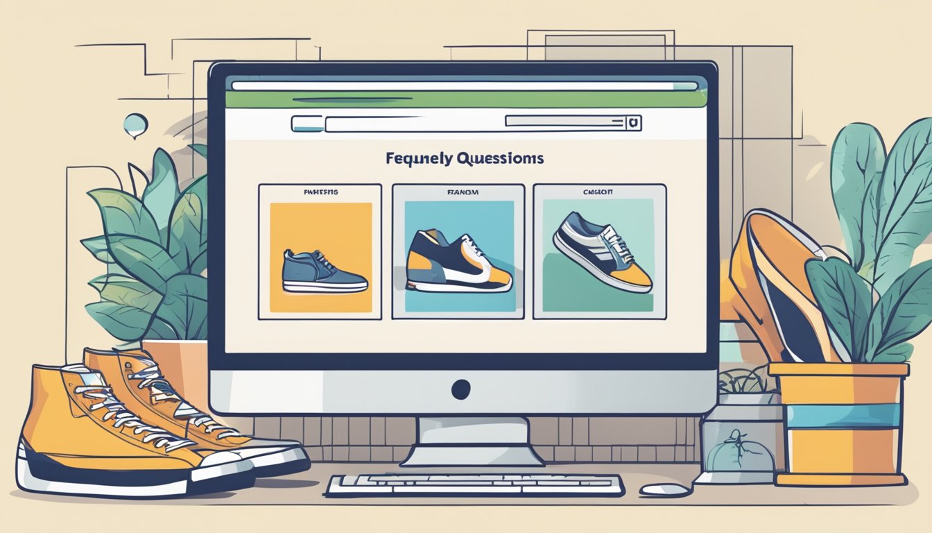 A computer screen showing a webpage with the title "Frequently Asked Questions" and images of various high-quality shoes available for purchase online
