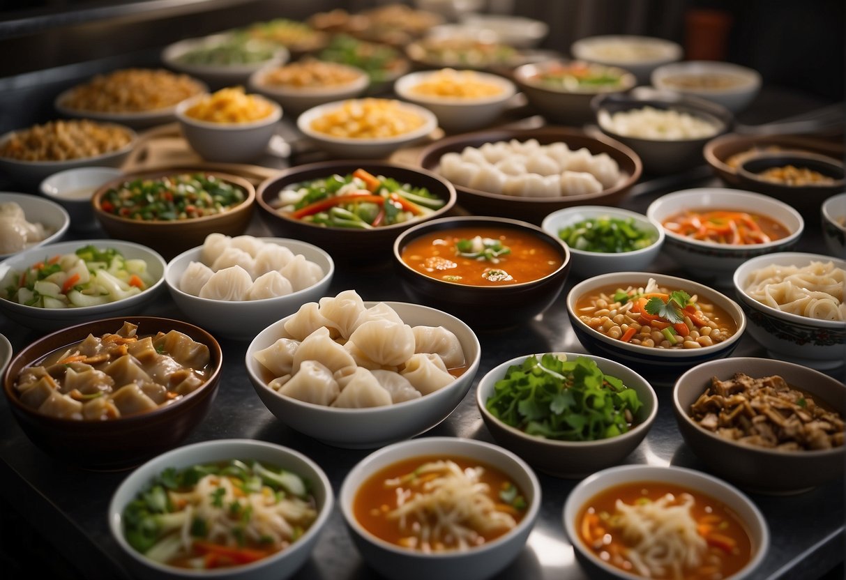 A table filled with various Chinese dishes, including dumplings, stir-fries, and soups, all ready to be placed in the freezer for future meals