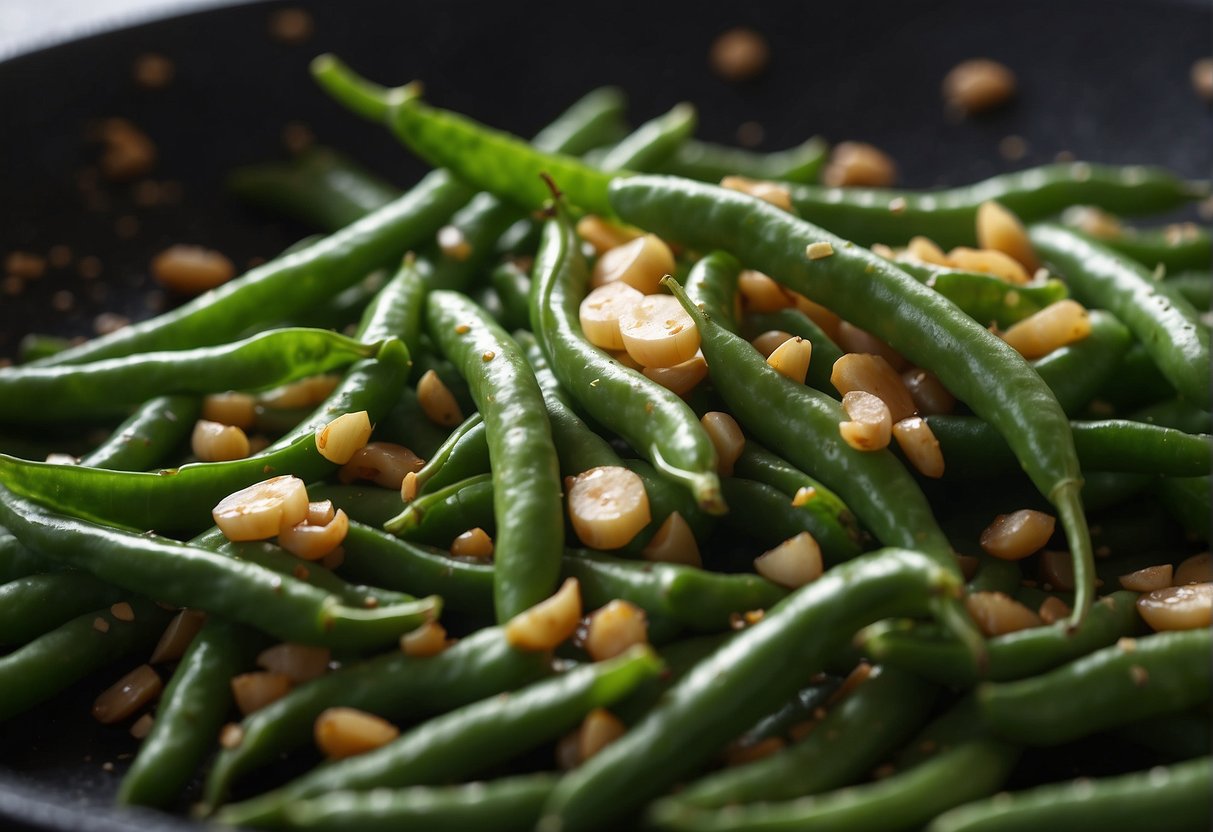 Fresh French beans sizzle in a wok with garlic, ginger, and soy sauce. A sprinkle of sesame seeds adds a finishing touch