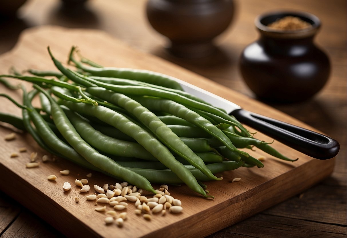 Fresh French beans, garlic, ginger, soy sauce, and sesame oil on a wooden cutting board. A wok sizzles with Chinese characters in the background