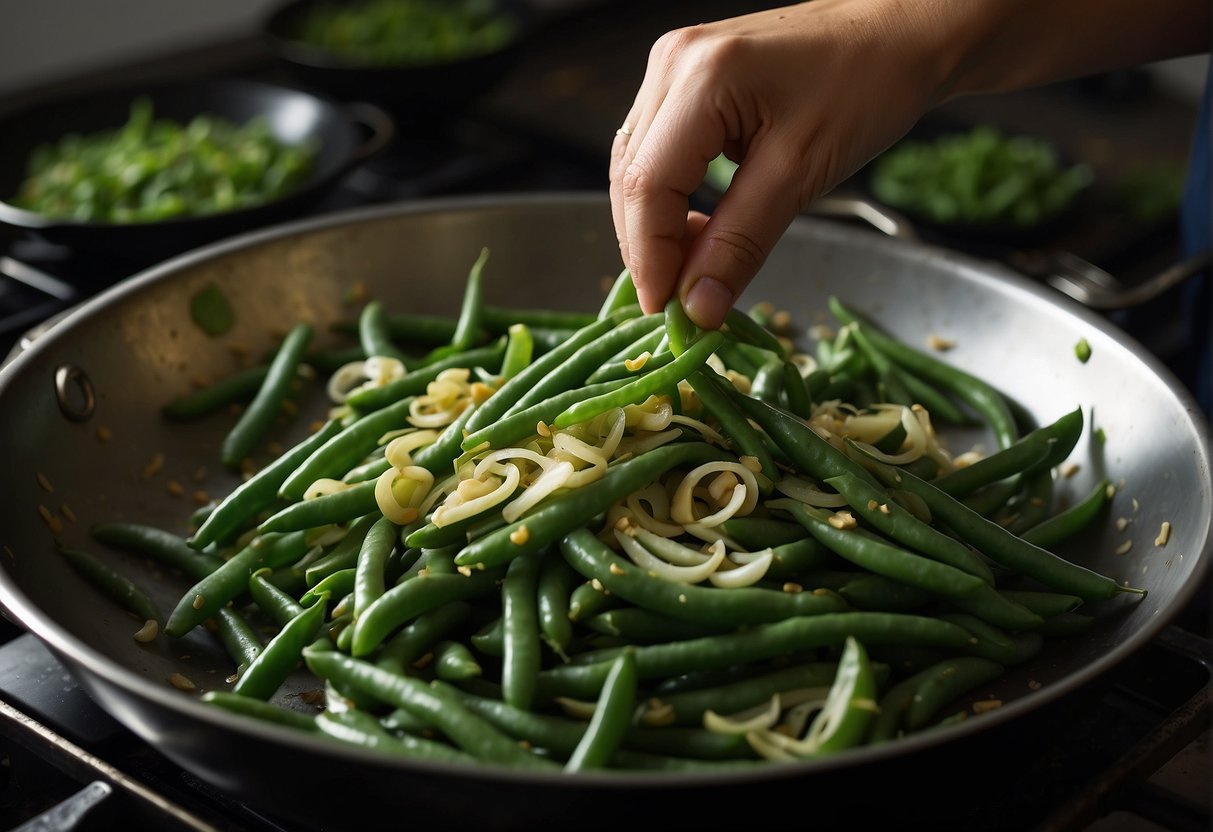 French beans being washed, trimmed, and cut into bite-sized pieces. Then, stir-fried with garlic, ginger, and soy sauce in a wok