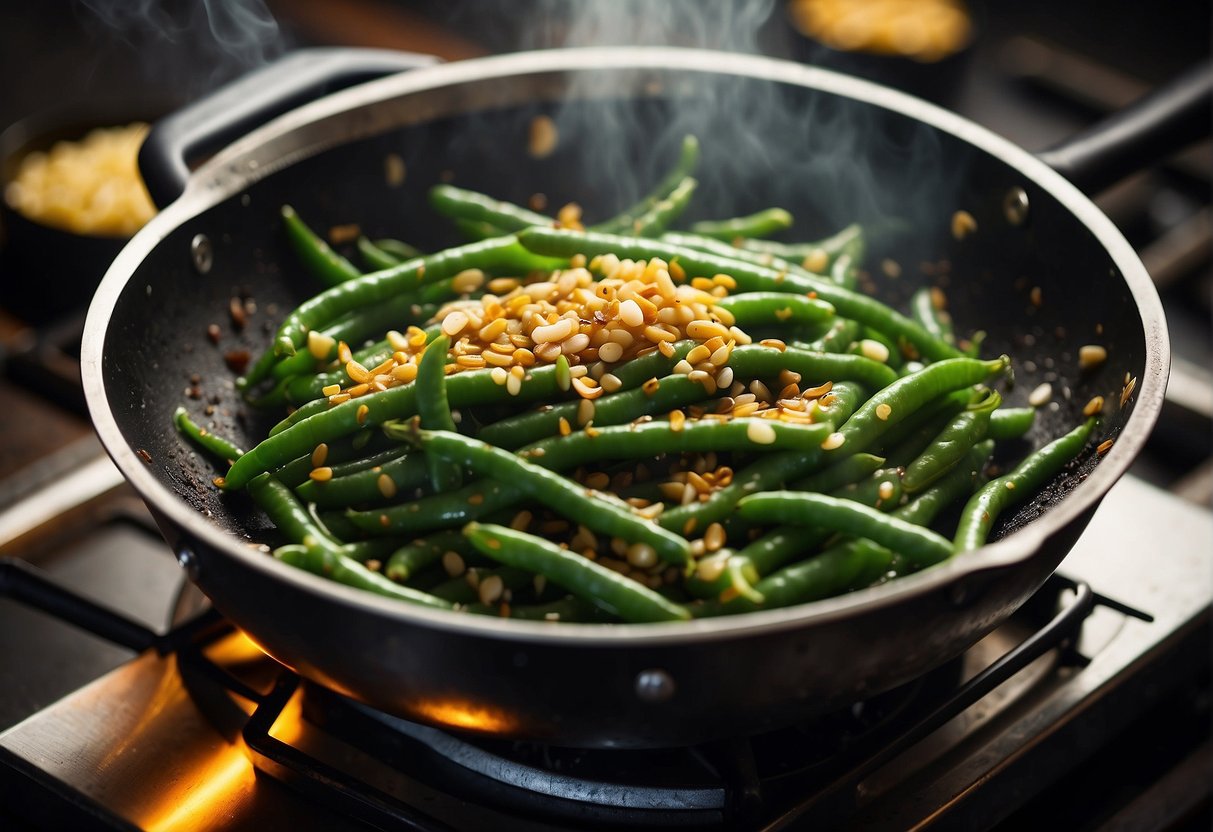 French beans sizzling in a wok with garlic and ginger, stir-frying in soy sauce and sesame oil