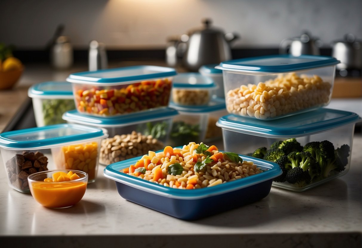 A kitchen counter with various Chinese dishes in Tupperware containers, labeled as freezable. Ingredients and cooking utensils are neatly organized nearby