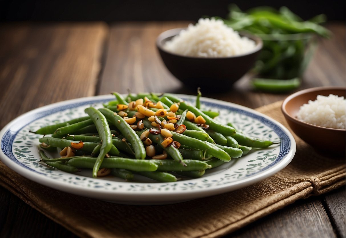 A plate of sautéed French beans with garlic and soy sauce, next to a bowl of steamed rice