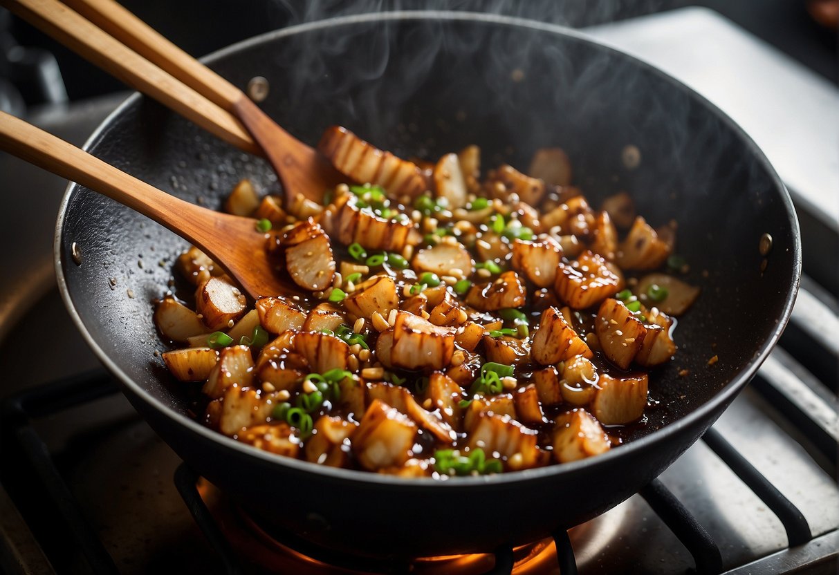 A wok sizzles as garlic and ginger are sautéed. Soy sauce, sugar, and broth are added, creating a rich, glossy brown sauce