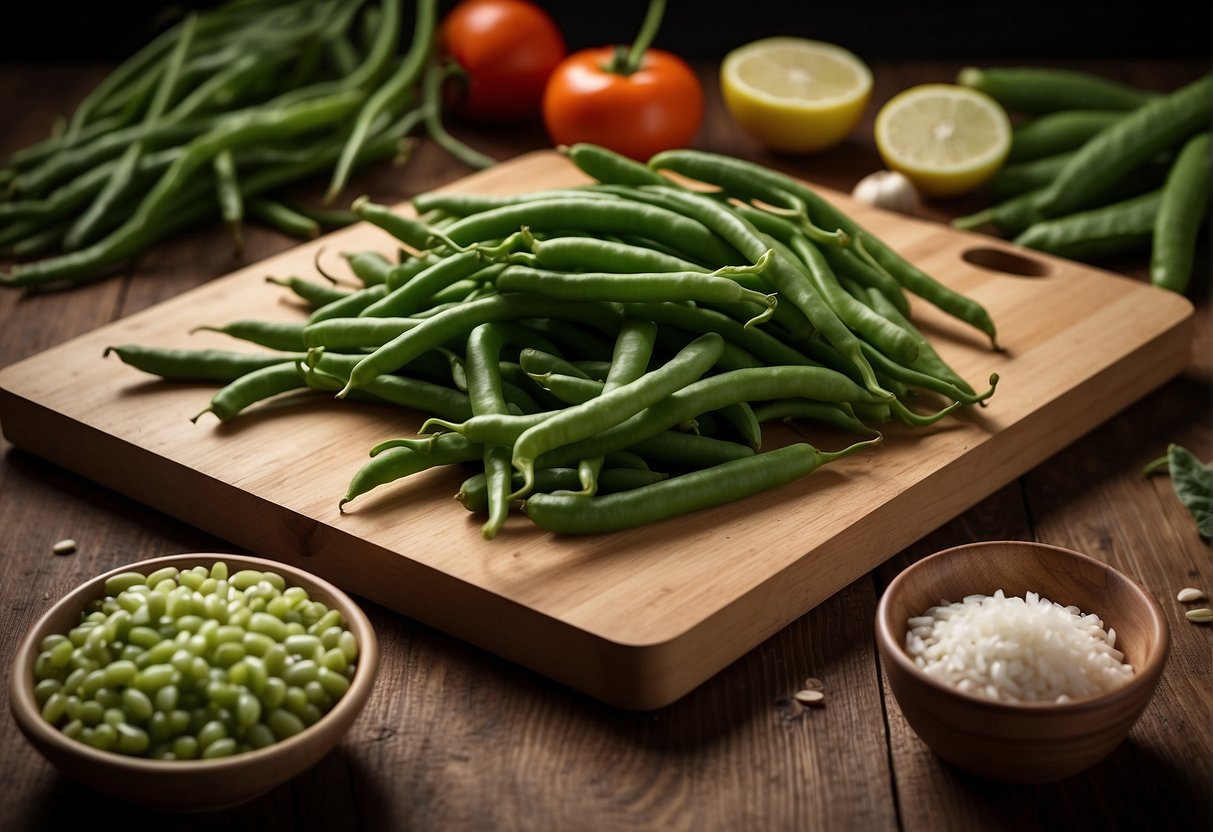 Fresh green French beans arranged on a cutting board with Chinese recipe ingredients and nutritional information displayed beside it