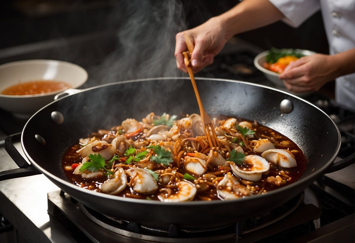A wok sizzles as a chef adds soy sauce, oyster sauce, sugar, and broth, creating a rich, glossy Chinese brown sauce