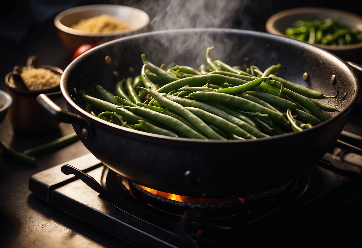 A bowl of freshly picked French beans being stir-fried in a sizzling wok with Chinese seasonings, surrounded by various ingredients and cooking utensils