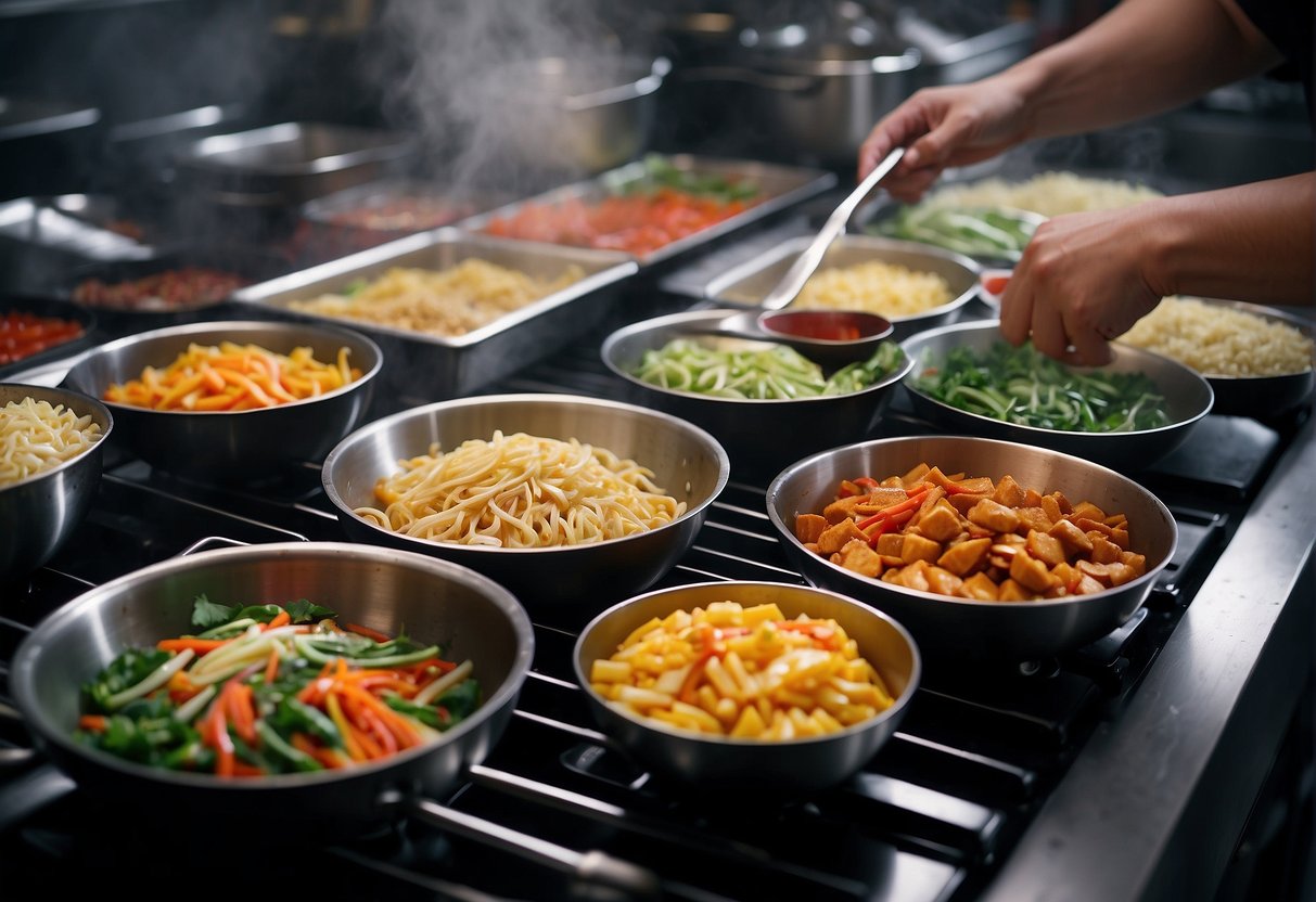 Ingredients being chopped, stir-fried, and portioned into containers for freezing. A wok sizzling with vibrant colors and steam rising