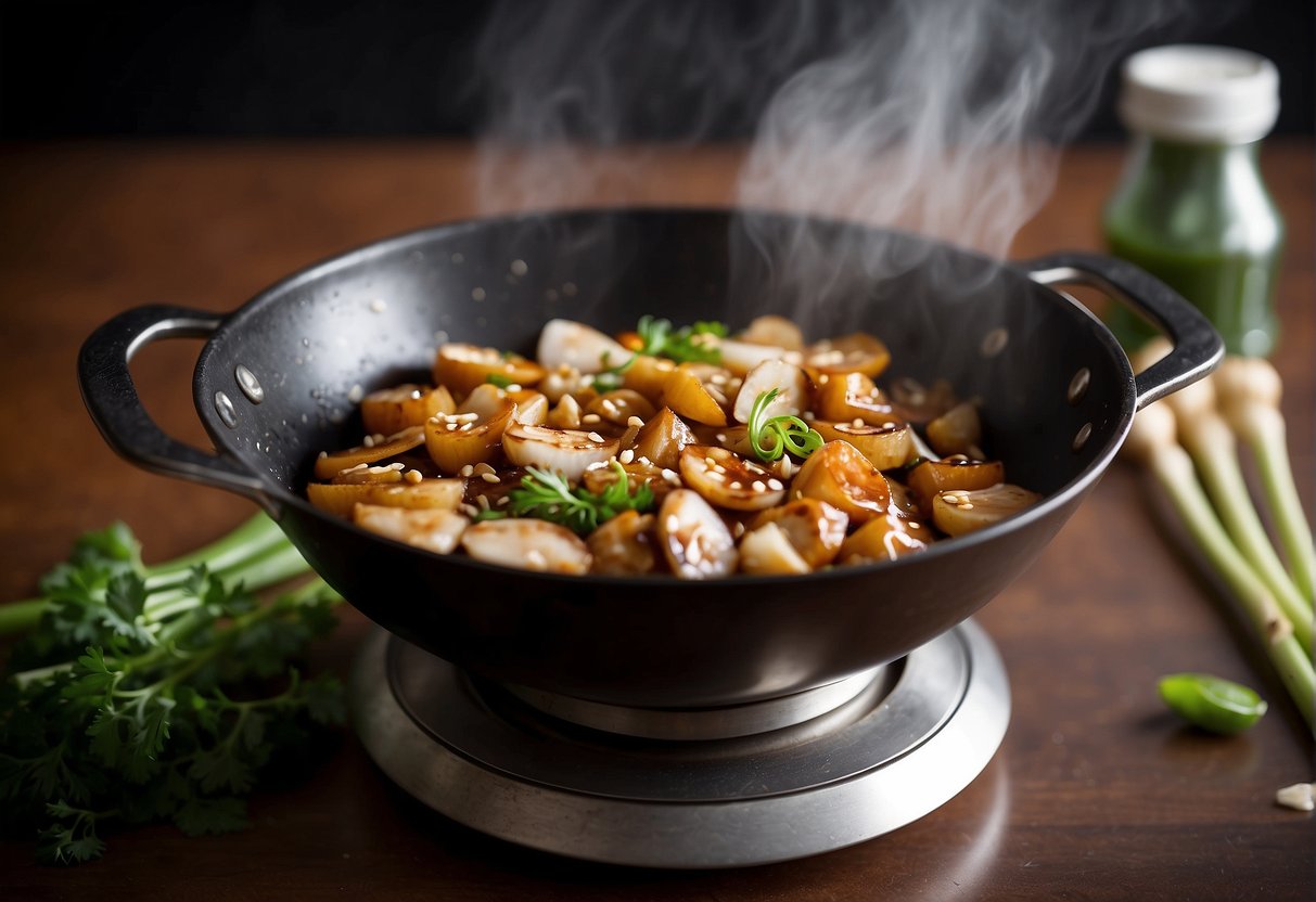 A wok sizzles with garlic and ginger as soy sauce, oyster sauce, and sugar are added. Cornstarch thickens the mixture into a glossy, aromatic brown sauce