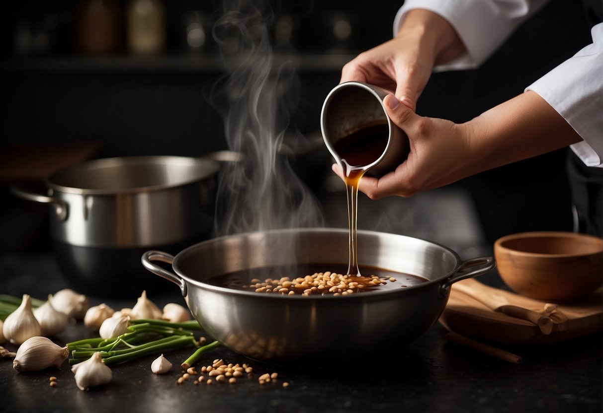 A chef pours soy sauce, oyster sauce, and sugar into a pot, then stirs in garlic and ginger, creating a rich Chinese brown sauce