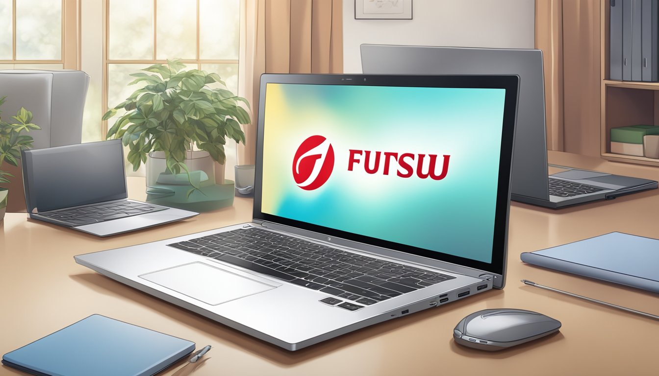 A laptop with the Fujitsu logo is displayed on a computer screen, surrounded by a sleek and modern online shopping interface