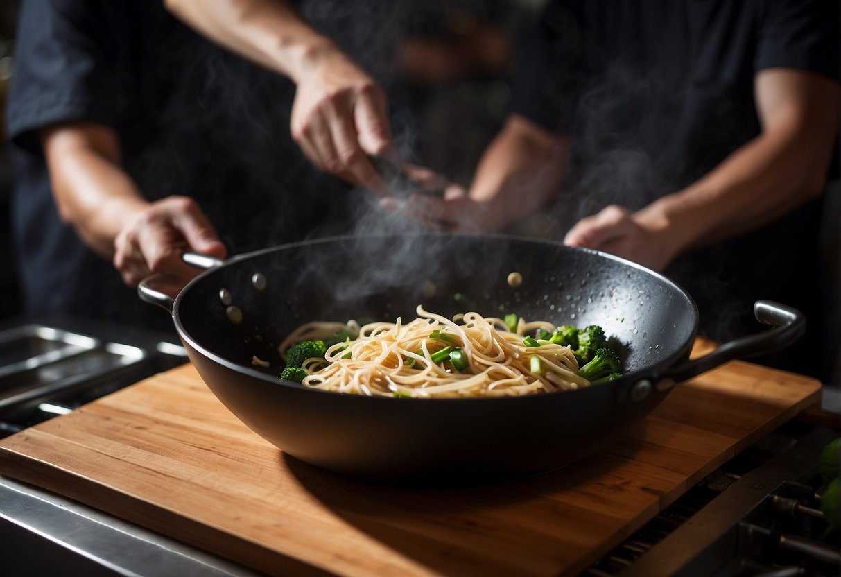 A wok sizzles with soy sauce, garlic, and ginger. A chef adds sugar, vinegar, and broth, stirring until thick