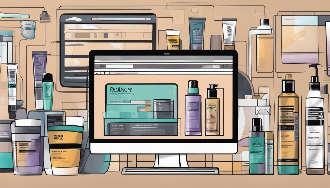 A computer screen displaying a website with the Redken logo and various hair care products available for purchase