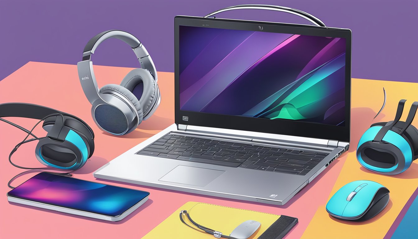 A Fujitsu laptop sits on a sleek desk, surrounded by a wireless mouse, stylish laptop bag, and a set of headphones. The laptop's screen displays a vibrant and engaging interface, while the accessories enhance its functionality and style