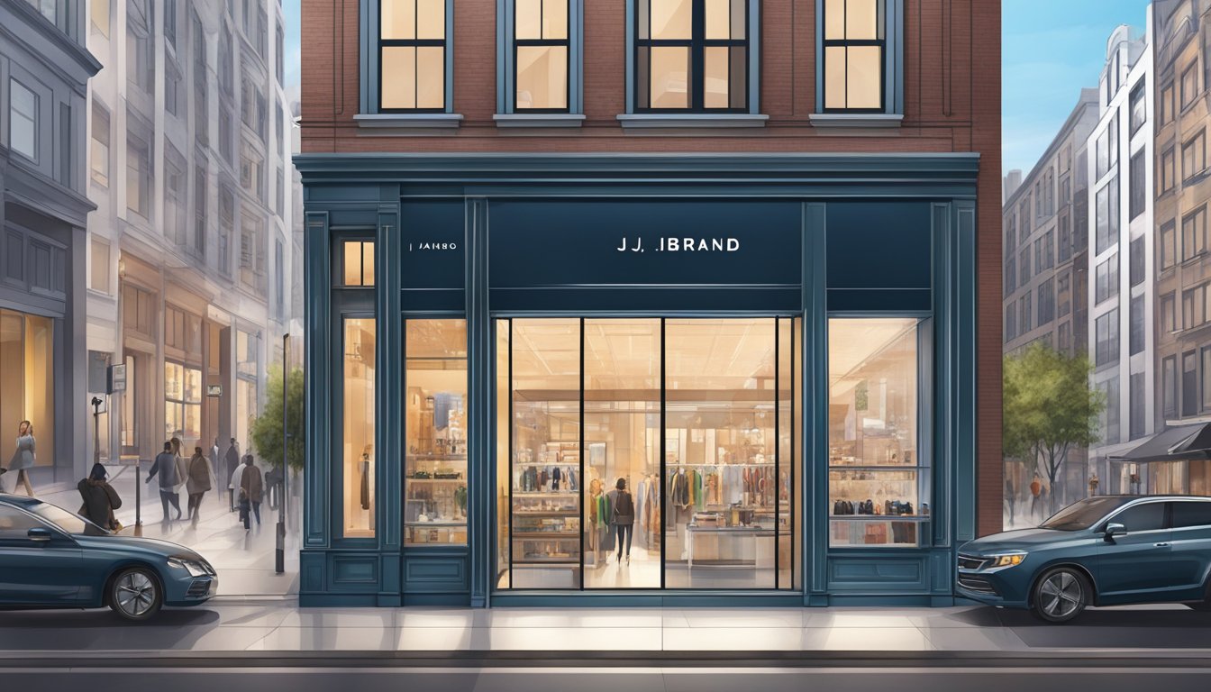 A sleek, modern storefront with bold J Brand signage stands out against a bustling city street, drawing in fashion-forward shoppers