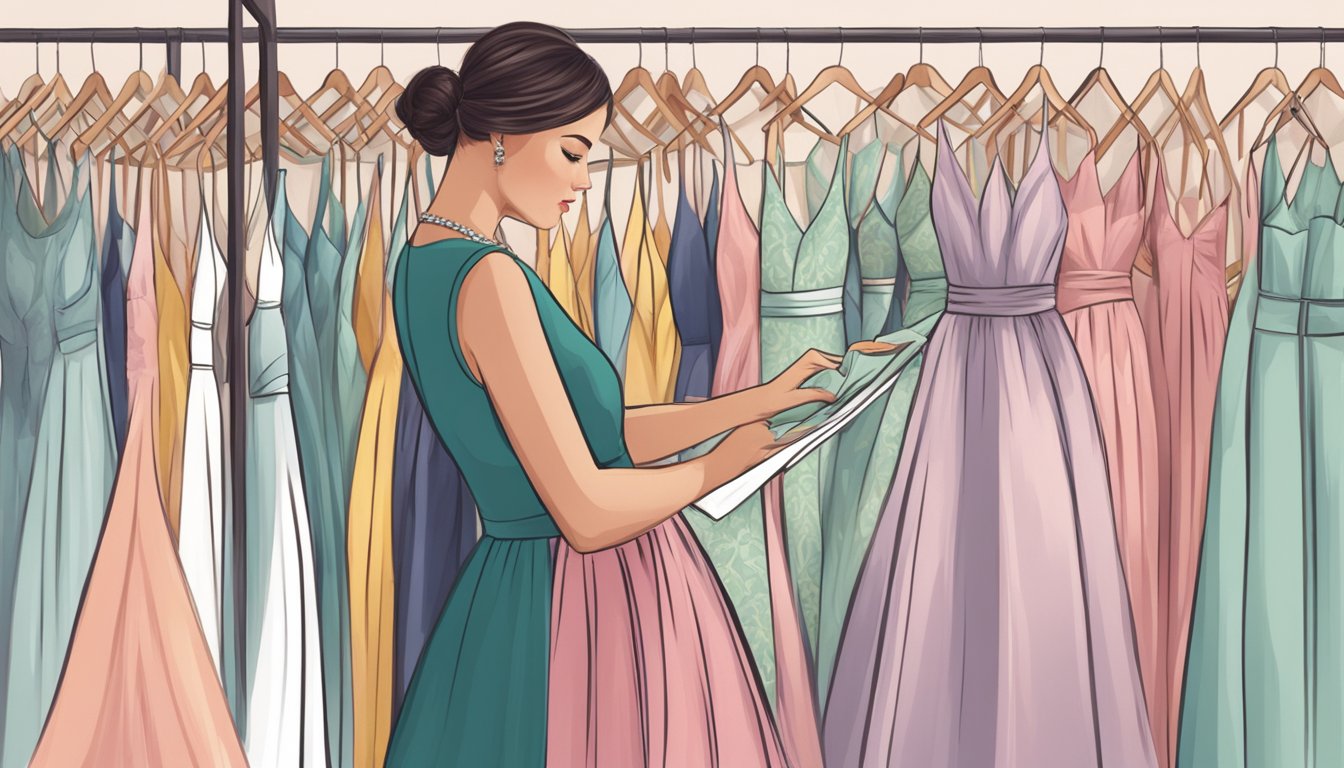 A woman browsing through an array of formal dresses online, carefully examining the fabric and design details before making her selection
