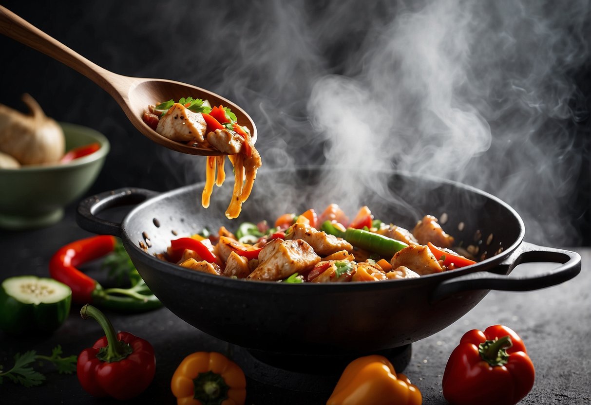 A sizzling wok tosses chunks of chicken, onions, and bell peppers in a fragrant black pepper sauce, filling the air with savory aromas