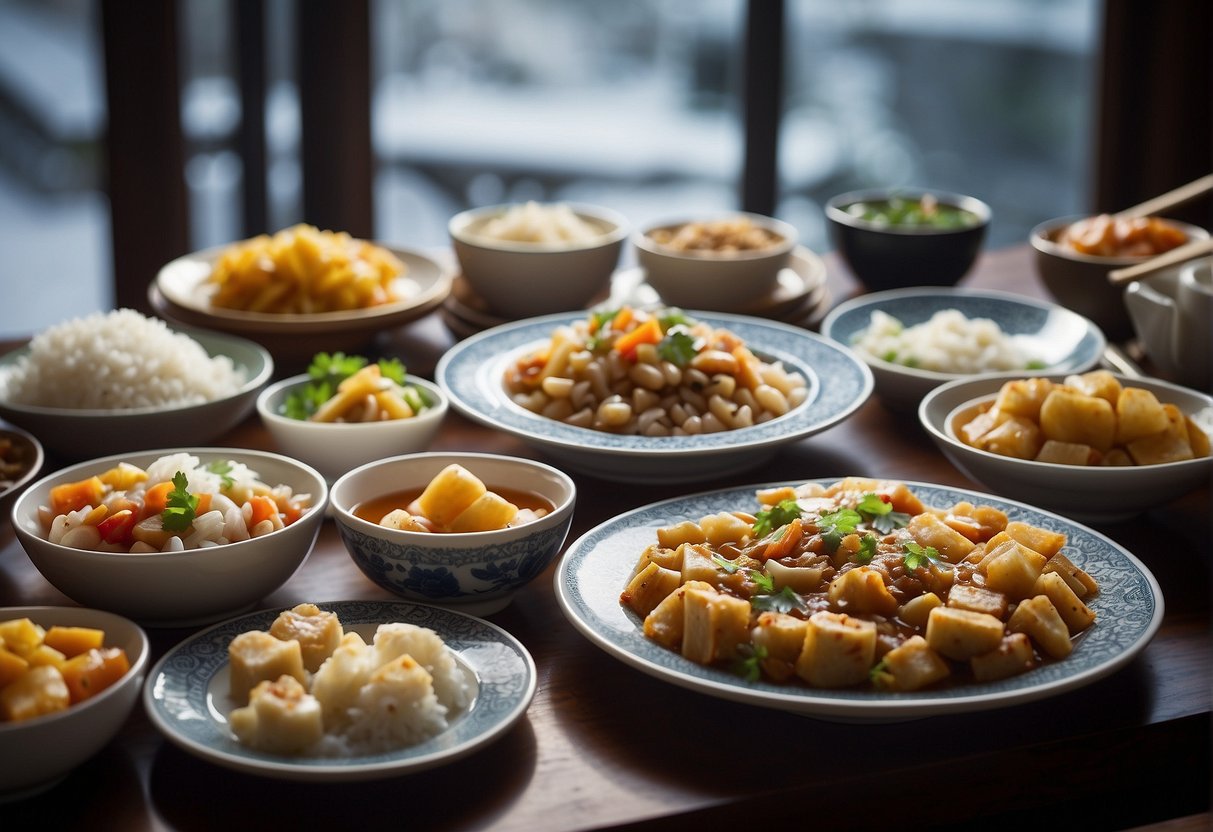 A table filled with various Chinese dishes, each labeled as a "Frequently Asked Question" and surrounded by frost and ice crystals
