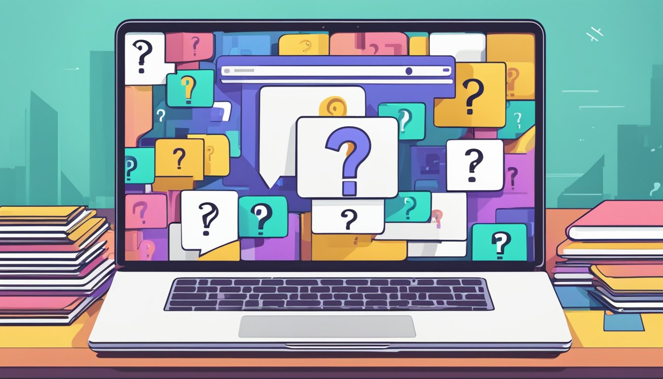 A laptop surrounded by question marks, with a "Frequently Asked Questions" banner above it. Online shopping elements in the background