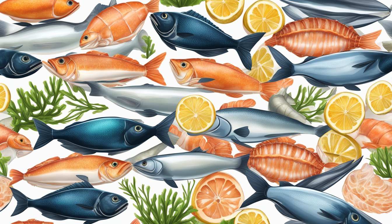Fresh seafood displayed on a virtual marketplace with discounted prices
