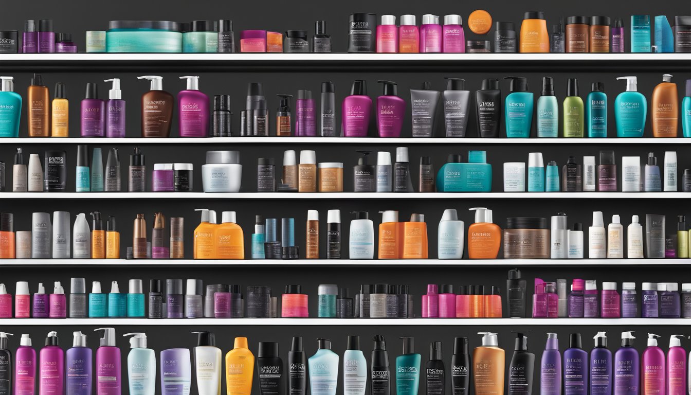 A vibrant display of Redken hair products arranged on a sleek, modern shelf, with bold branding and eye-catching colors