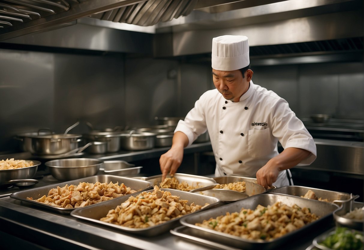 A chef mixes diced chicken with black pepper sauce in a bustling Chinese buffet kitchen