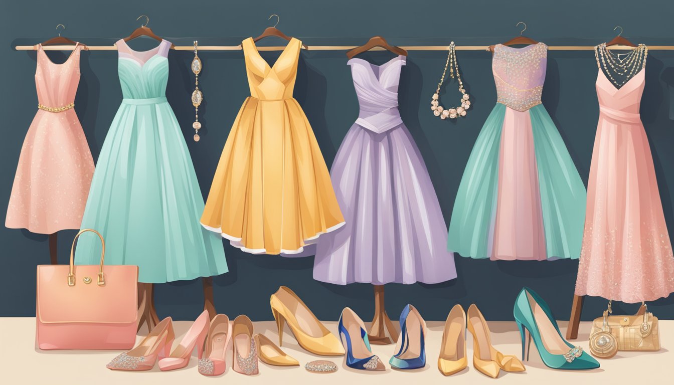 A table displaying a variety of formal dresses, with accessories such as jewelry, handbags, and shoes arranged neatly alongside them